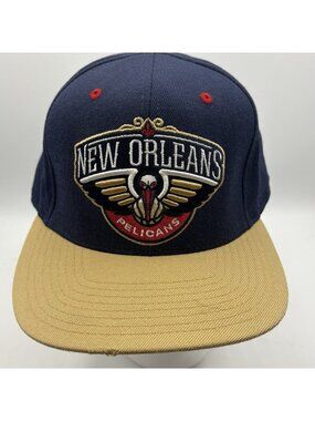 New Orleans Pelicans Hat Mitchell Ness Navy Tan Fitted Cap NBA